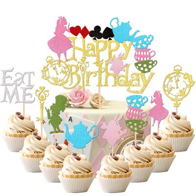 25 PCS Magic Alice Cupcake Toppers Alice Happy Birthday Cake Topper Glitter Bowl Key Fairy Poker Clock Eat Me Cupcake Picks for Alice Theme Birthday Tea Party Cake Decorations Supplies