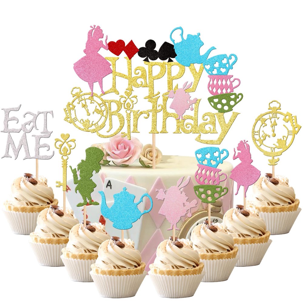 25 PCS Magic Alice Cupcake Toppers Alice Happy Birthday Cake Topper Glitter Bowl Key Fairy Poker Clock Eat Me Cupcake Picks for Alice Theme Birthday Tea Party Cake Decorations Supplies