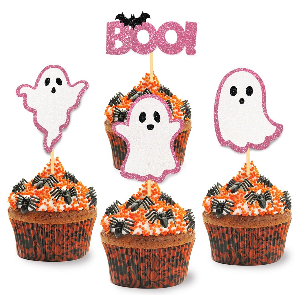 24 Pack Glitter Ghost Cupcake Toppers - Baby Shower Cupcake Toppers Decor Gender Reveal Party Decorations (Pink)