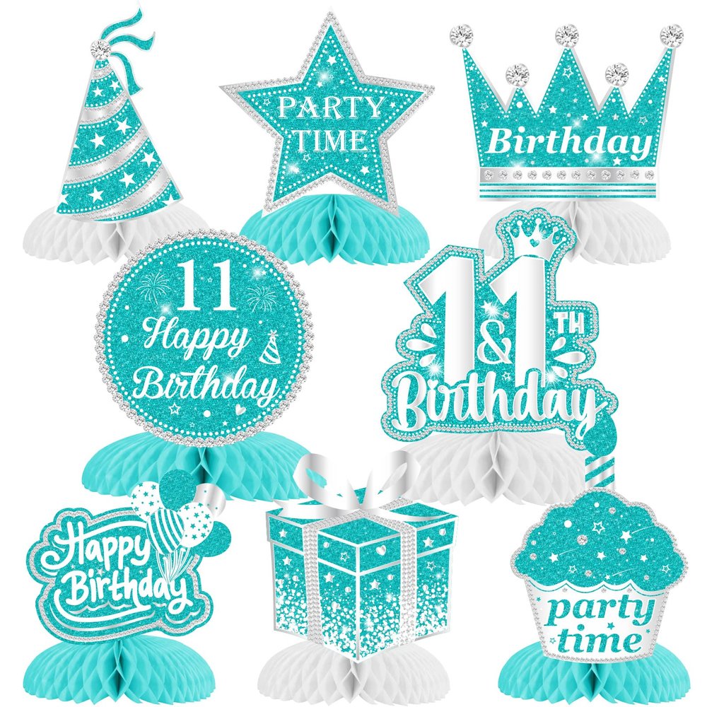 Cheereveal 11th Birthday Honeycomb Centerpieces, 8 Pieces Teal Silver 11 Year Old Birthday Decorations Table Centerpieces, Breakfast Blue Birthday Decorations Table Sign Toppers for Girls