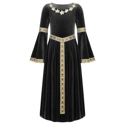 Agoky Kids Girls Renaissance Vintage Ball Gown Halloween Fancy Costume Retro Medieval Gothic Long Dress Black 14 Years