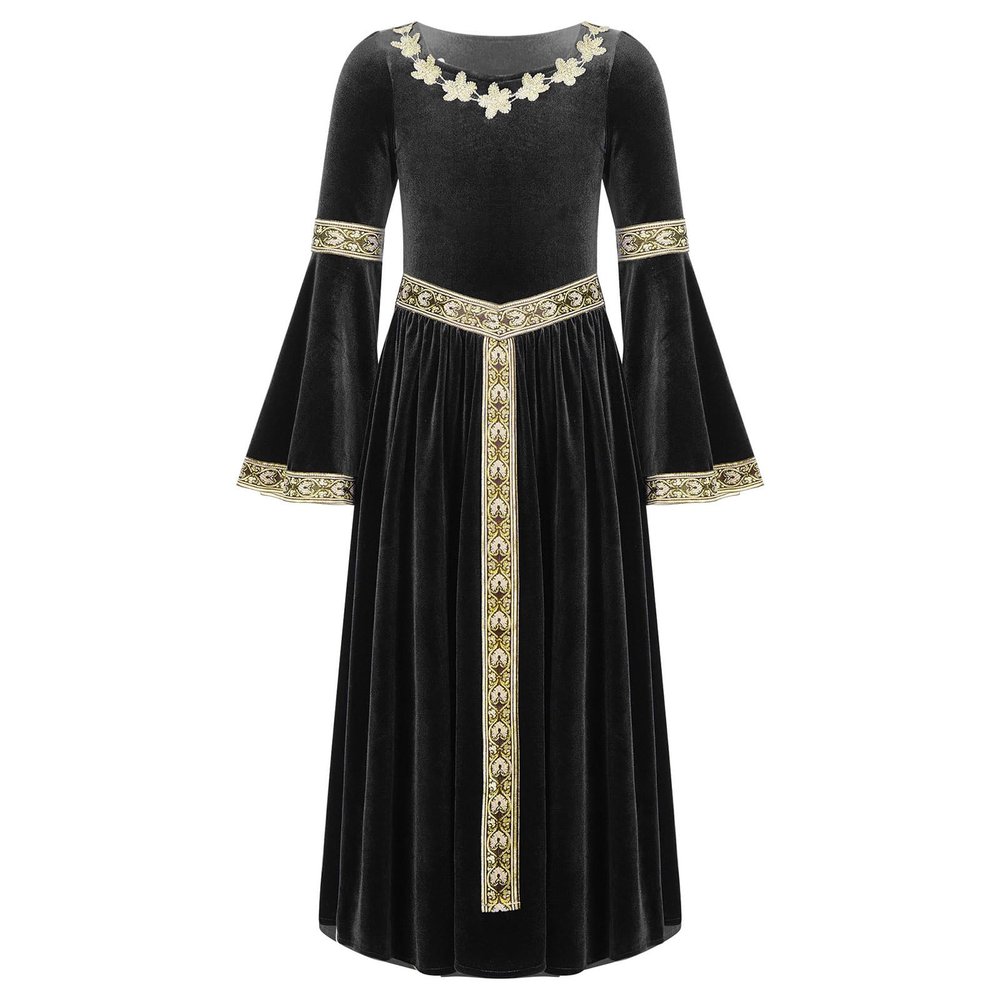 Agoky Kids Girls Renaissance Vintage Ball Gown Halloween Fancy Costume Retro Medieval Gothic Long Dress Black 14 Years