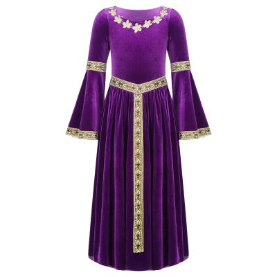 Agoky Kids Girls Renaissance Vintage Ball Gown Halloween Fancy Costume Retro Medieval Gothic Long Dress Purple 6 Years