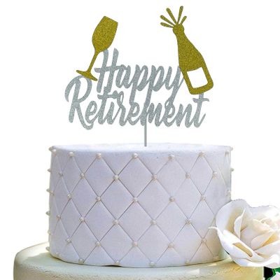 Happy Retirement Cake Topper - Retirement Party Decoration Supplies, Double Sided Silver Glitter