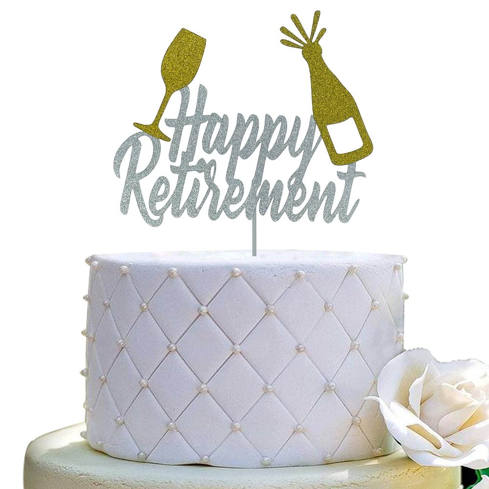 Happy Retirement Cake Topper - Retirement Party Decoration Supplies, Double Sided Silver Glitter