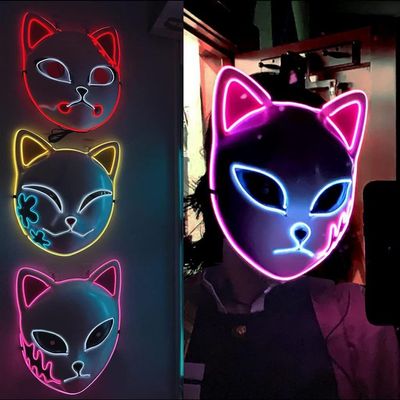 CAFELE 3Pcs Demon LED Mask Slayers Costume Props Japanese Anime Plastic Fox Face Cosplay Glowing Masks for Masquerade Festival Party