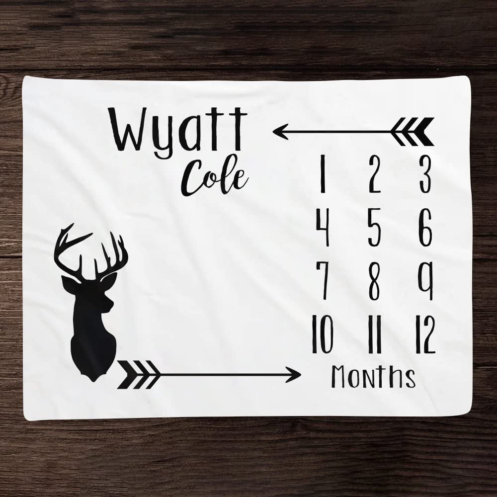 Gearpenguin Personalized Baby Monthly Milestone Blanket, Gender Neutral Deer Month Blanket Growth Tracker Fleece Girl Boy Arrow Milestone, Shower Newborn Gift, 30x40, 50x60, 60x80