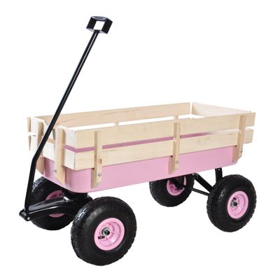 Sanch Ancha Classic Steel & Wood Utility Wagon for Family, Kids & Gardening, 10 All-Terrain Pneumatic Tires, 176 lb Capacity, Foldable Handle, Removable Wooden Sides (Pink)