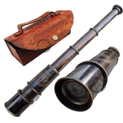 Antique Marine Handheld Spyglass Brass Telescope Binoculars Telescope 15-inches with Leather Box
