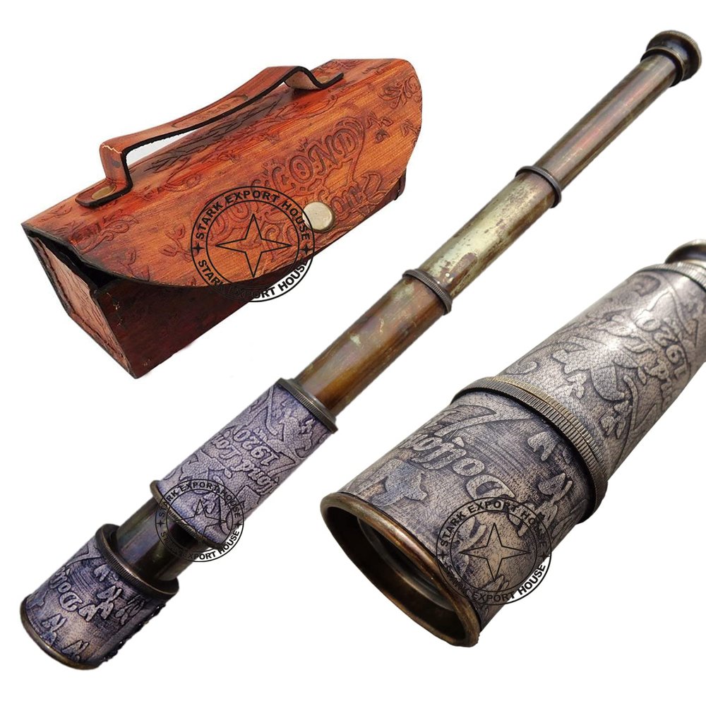 Brass Antique Marine Handheld Spyglass Telescope Binoculars 15-inches with Leather Box Best for Gift