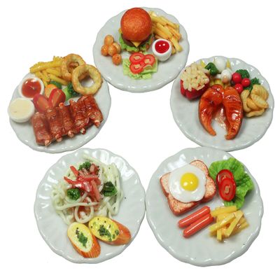5 Pcs Dollhouse Miniature Food Set Handmade Clay Oven Pork Ribs, Salmon Steak, Burger & Spaghetti on Ceramic Plates, 1/6 Scale Miniature Kitchen Accessories & Collectibles