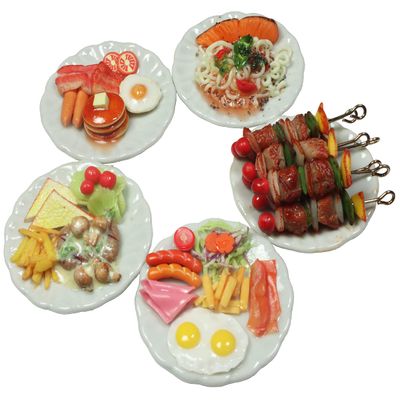 5 Assorted Miniature Breakfast Food Set Pancake, Barbecue Grill, and Spaghetti Handcrafted Dollhouse Miniature Food on Ceramic Plates 1.3 Diameter, 1/6 Scale, Handmade Realistic Mini Food Decor