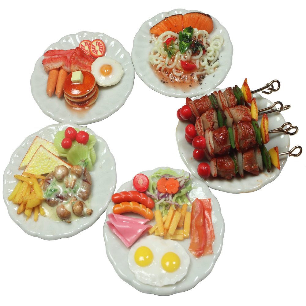 5 Assorted Miniature Breakfast Food Set Pancake, Barbecue Grill, and Spaghetti Handcrafted Dollhouse Miniature Food on Ceramic Plates 1.3 Diameter, 1/6 Scale, Handmade Realistic Mini Food Decor