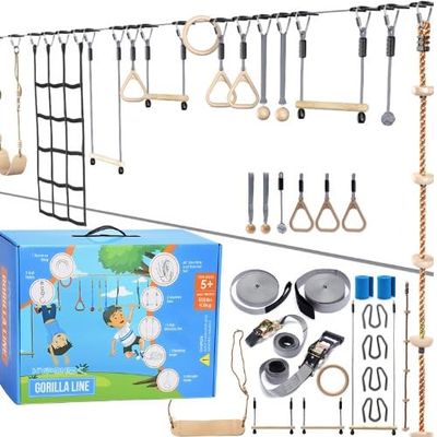 Hyponix Ninja Obstacle Course for Kids 2 x 60 ft Slacklines with 13 Weatherproof Obstacles Monkey Net, Ratchet-Tight Tech, Supports 880 lbs Climbing & Swinging Backyard Fun