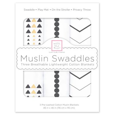 SwaddleDesigns Cotton Muslin Swaddle Blankets for Baby Boy & Baby Girl, Neutral Receiving Blankets for Newborn, Baby Registry & Gift, 46 x 46 inches, Gold & Black Pearl with Gold Shimmer, Set of 3