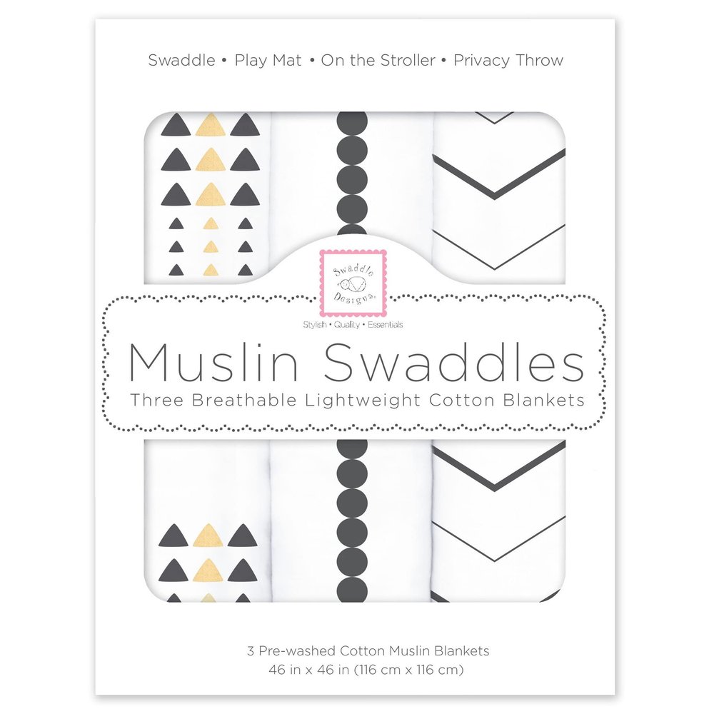 SwaddleDesigns Cotton Muslin Swaddle Blankets for Baby Boy & Baby Girl, Neutral Receiving Blankets for Newborn, Baby Registry & Gift, 46 x 46 inches, Gold & Black Pearl with Gold Shimmer, Set of 3