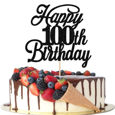 Rsstarxi 1 Pack Happy 100th Birthday Cake Topper Black Glitter 100 & Fabulous Cheers to 100 Years Old Birthday Cake Pick for Celebrating 100th Birthday Anniversary Party Cake Decorations Supplies