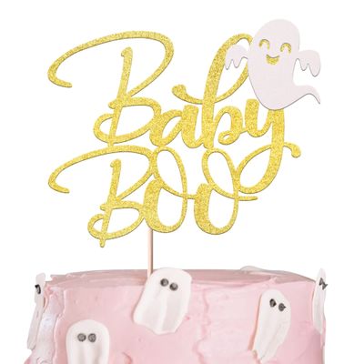 Rsstarxi 1 Pack Spooky Baby Boo Cake Topper Glitter Little Boo Ghost Cake Pick Baby Shower Cake Decorations for Halloween Theme Kids Birthday Party Supplies Gold