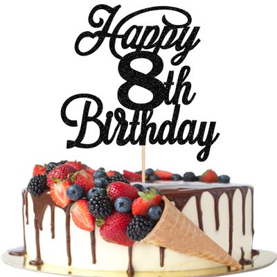 Rsstarxi 1 Pack Happy 8th Birthday Cake Topper Black Glitter 8 & Fabulous Cheers to 8 Years Old Birthday Cake Pick for Celebrating 8th Birthday Anniversary Party Cake Decorations Supplies