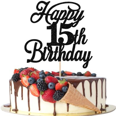 Rsstarxi 1 Pack Happy 15th Birthday Cake Topper Black Glitter 15 & Fabulous Cheers to 15 Years Old Birthday Cake Pick for Celebrating 15th Birthday Anniversary Party Cake Decorations Supplies