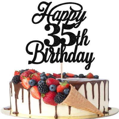 Rsstarxi 1 Pack Happy 35th Birthday Cake Topper Black Glitter 35 & Fabulous Cheers to 35 Years Old Birthday Cake Pick for Celebrating 35th Birthday Anniversary Party Cake Decorations Supplies