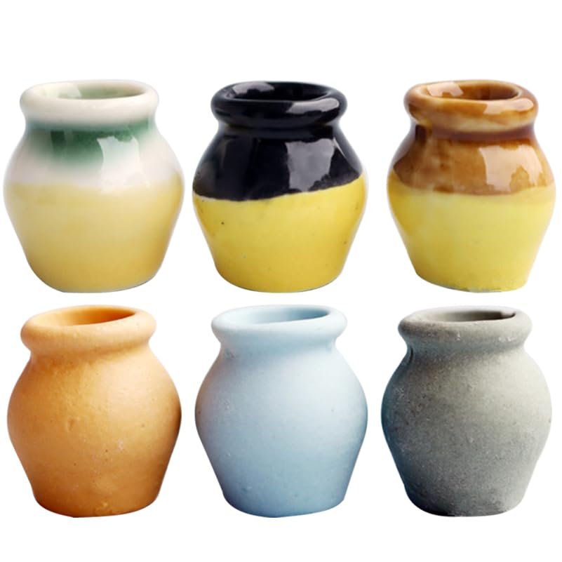 Mini Ceramic Set of 6, Assorted Colors, Ideal for Dollhouse Decoration, DIY Crafting, and Miniature Garden Display, 0.86 X 0.86 X 0.59 Inch, Lifelike and Durable