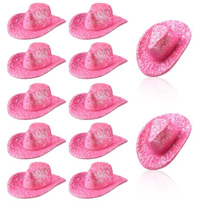 Sotiff 12 Pcs Mini Western Cowboy Hat Small Disco Hat Miniature Cute Cap for Party Drinks Cupcake Toppers(Glitter Pink)