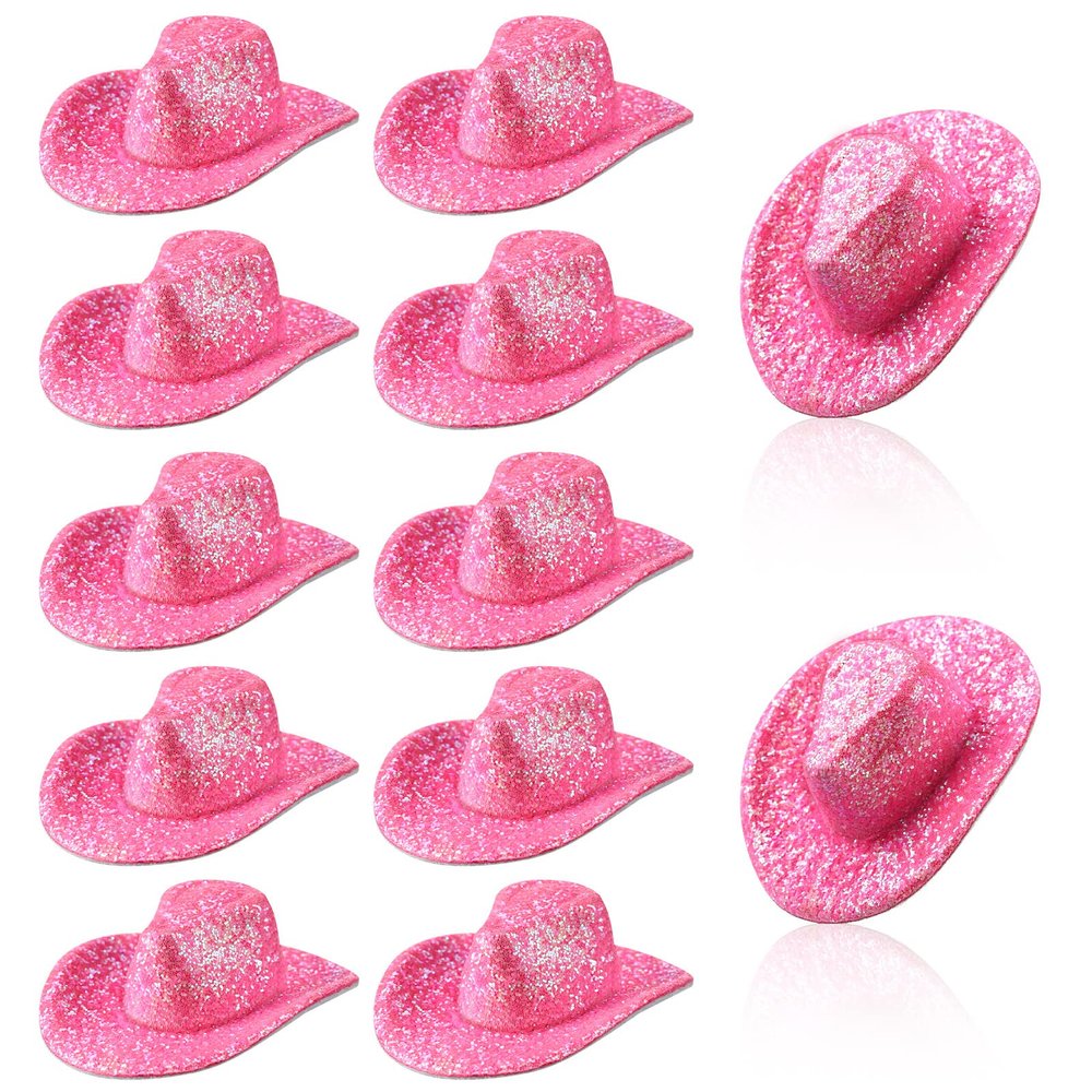 Sotiff 12 Pcs Mini Western Cowboy Hat Small Disco Hat Miniature Cute Cap for Party Drinks Cupcake Toppers(Glitter Pink)