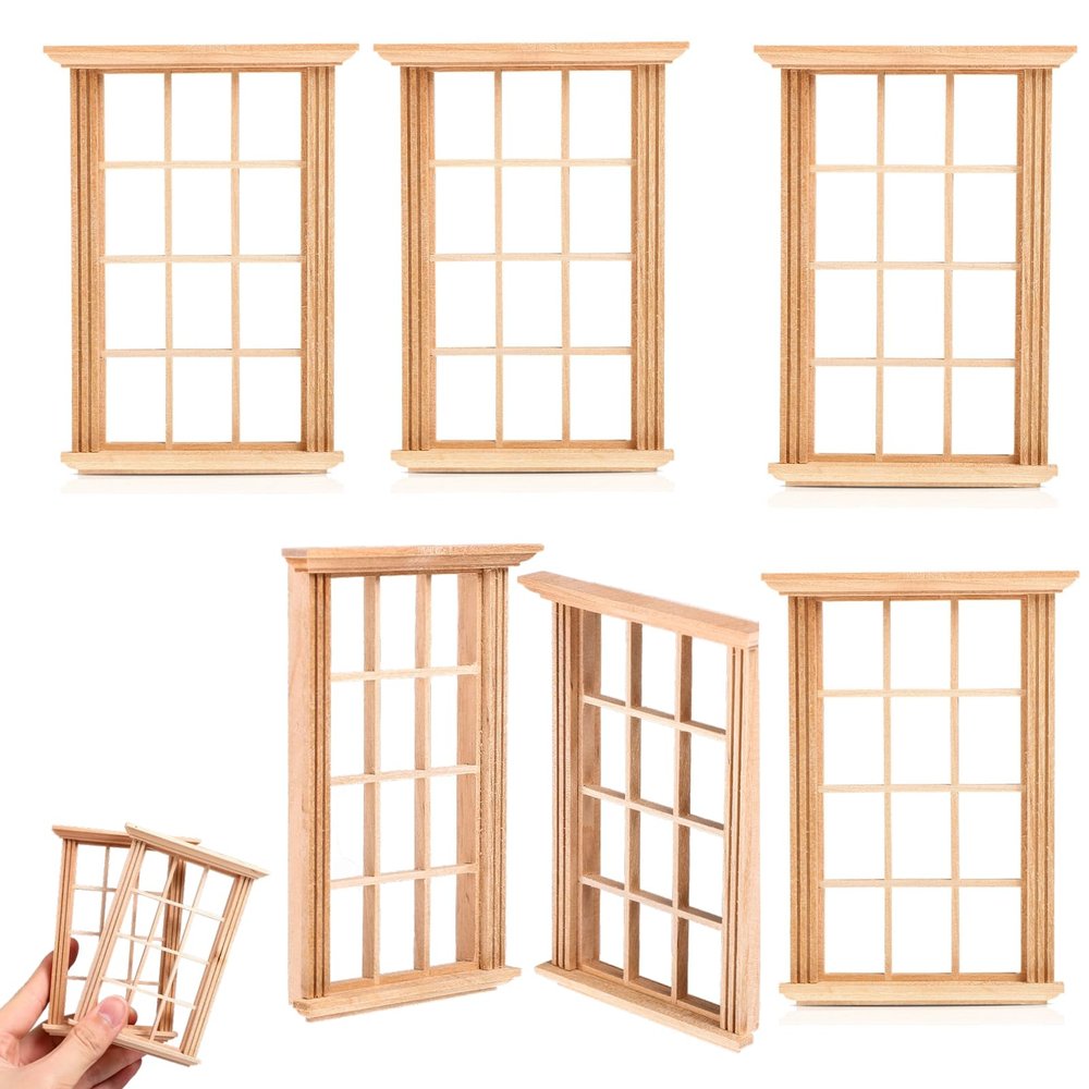 6Pcs Dollhouse Windows 1:12 Scale Miniature Windows Frame Model for Dolls Houses Decoration (4.52X3.26X0.79inch)