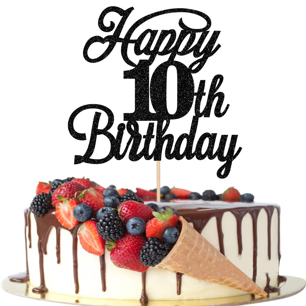 Rsstarxi 1 Pack Happy 10th Birthday Cake Topper Black Glitter 10 & Fabulous Cheers to 10 Years Old Birthday Cake Pick for Celebrating 10th Birthday Anniversary Party Cake Decorations Supplies