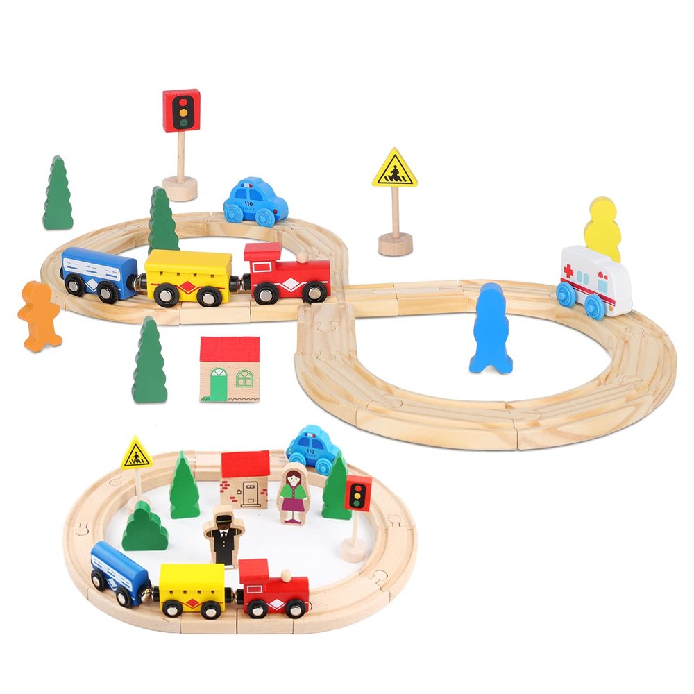 Wooden Train Tracks Toys for Toddler, 33 Pieces Magnetic Train with Wooden Tracks Fits for Thomas, Brio, Chuggington, Melissa and Doug, Rail Set Toy Gifts for 3 4 5 Years Old Girls & Boys