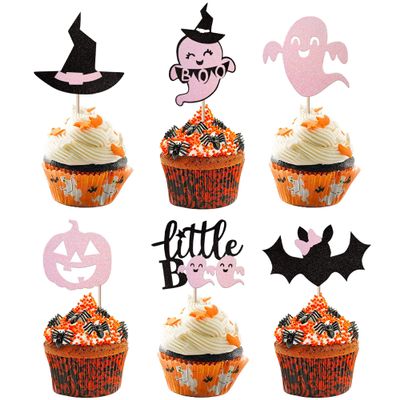 24 Pack Halloween Cupcake Toppers Glitter Pink Ghost Little Boo Bat Witch Hat Pumpkin Cupcake for Happy Halloween Theme Baby Shower Birthday Party Cake Decorations Supplies Pink