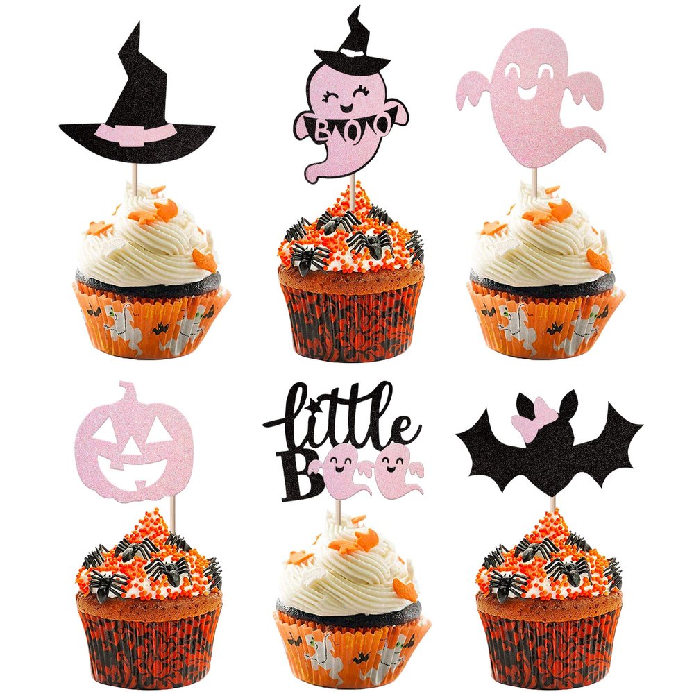 24 Pack Halloween Cupcake Toppers Glitter Pink Ghost Little Boo Bat Witch Hat Pumpkin Cupcake for Happy Halloween Theme Baby Shower Birthday Party Cake Decorations Supplies Pink