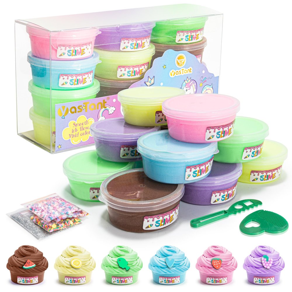 YasTant Slime Kit for Girls and Boys, Safe and Fluffy Slime for Kids, Stress Relief Kids Slime Kits for Toddlers, Stretchy Butter Slime Pack of 12