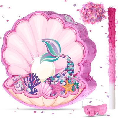 Faccito Seashell Mermaid Piatas for Birthday Party Girl, Sea Theme Piata with Stick, Blindfold for Mermaid Birthday Decorations Supplies(Pearl)