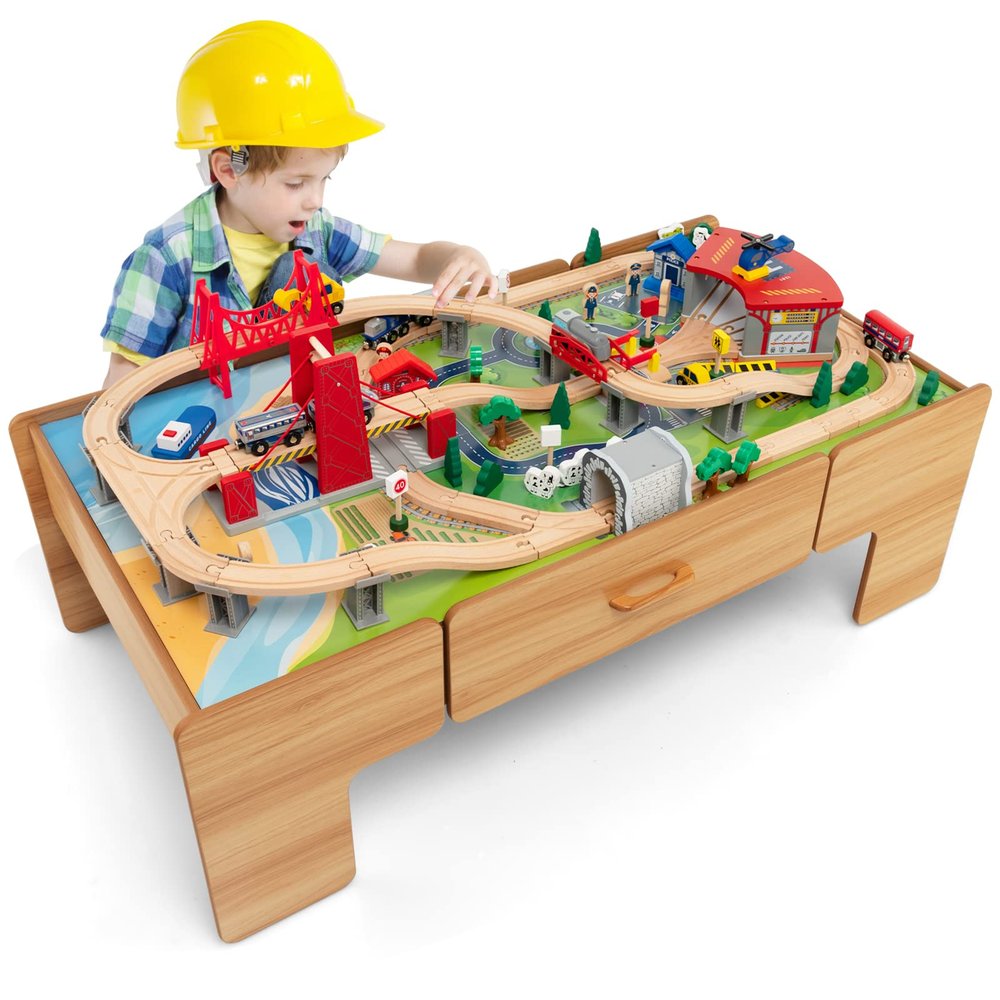 GLACER Kids Wooden Train Table Set, 100-Piece Multipurpose Activity Table with 2-in-1 Reversible & Removable Tabletop, Large Capacity Storage Drawer, Vehicles, Houses, DIY Gift for Aged 3+, Natural