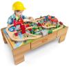 GLACER Kids Wooden Train Table Set, 100-Piece Multipurpose Activity Table with 2-in-1 Reversible & Removable Tabletop, Large Capacity Storage Drawer, Vehicles, Houses, DIY Gift for Aged 3+, Natural view 1