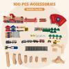 GLACER Kids Wooden Train Table Set, 100-Piece Multipurpose Activity Table with 2-in-1 Reversible & Removable Tabletop, Large Capacity Storage Drawer, Vehicles, Houses, DIY Gift for Aged 3+, Natural view 3