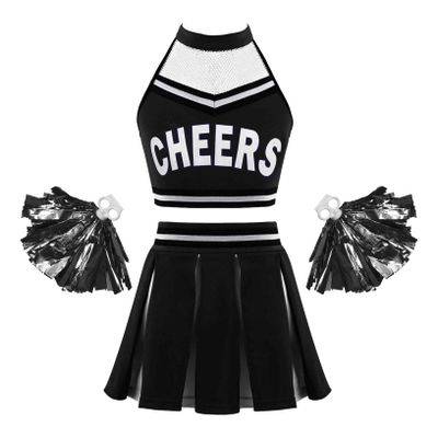 Oyolan Girls Cheer Uniform Outfit Cheer Leader Halloween Costume Vest with Pleated Skirt Tassel Flower Balls Black B 14 Years