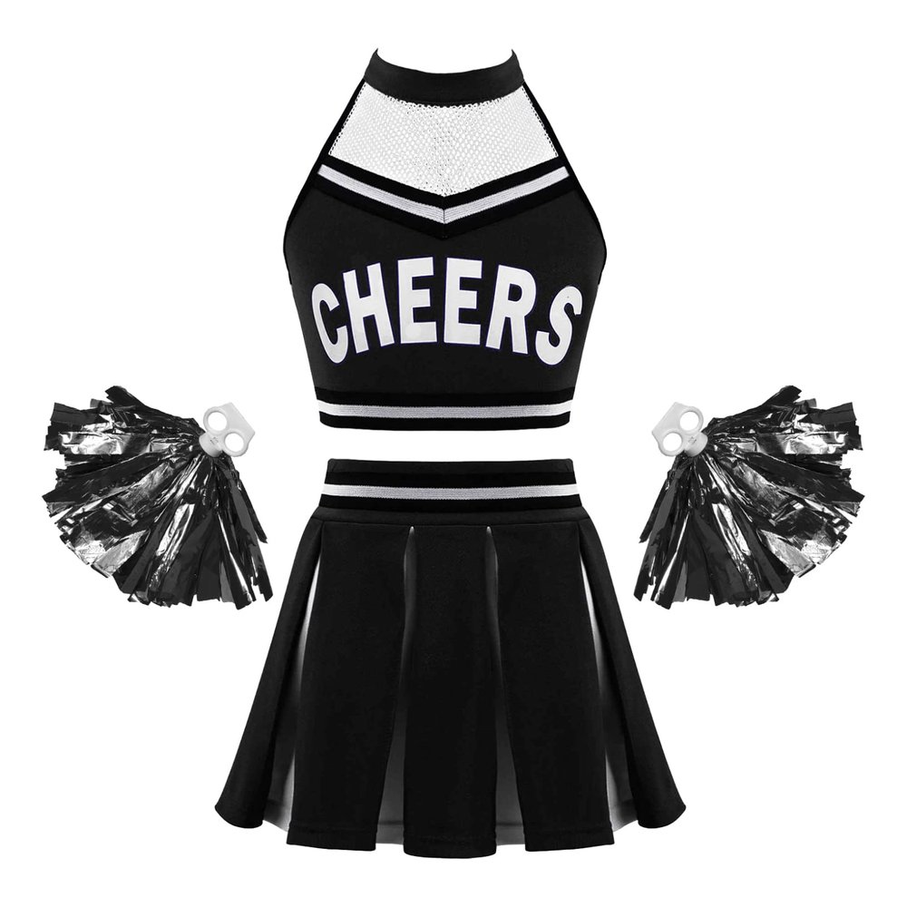 Oyolan Girls Cheer Uniform Outfit Cheer Leader Halloween Costume Vest with Pleated Skirt Tassel Flower Balls Black B 14 Years
