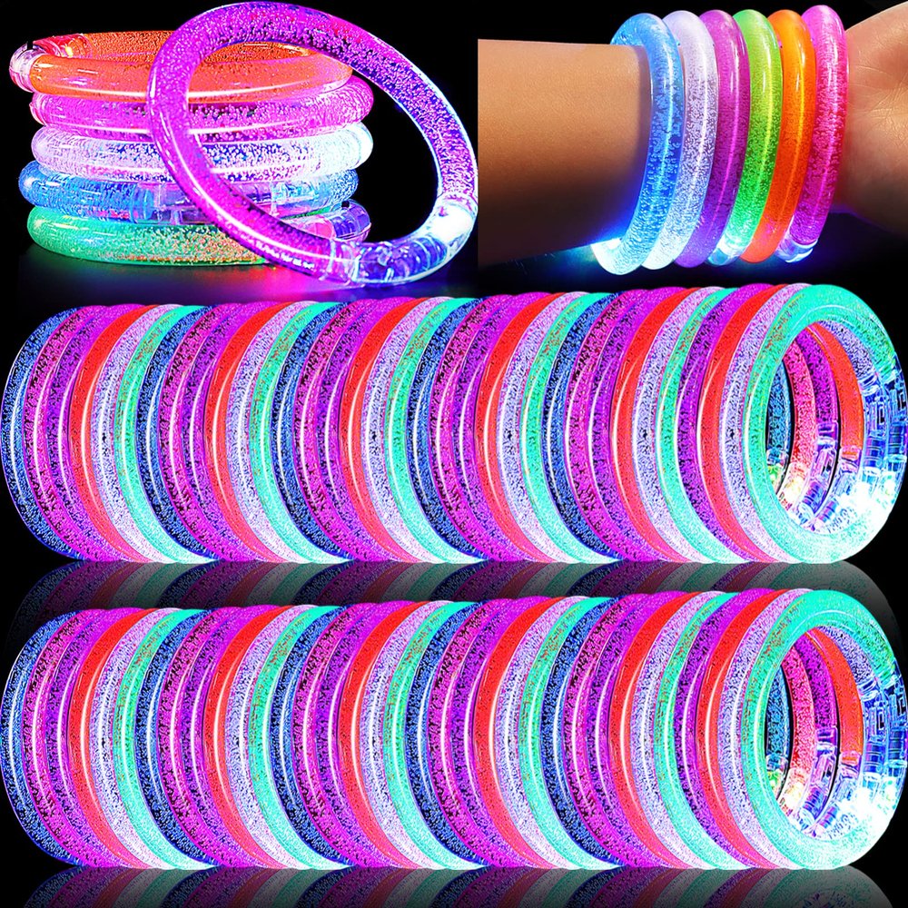 CLRBEATTY 80 Pack LED Bracelets,6 Color Glow Bracelet Glow in The Dark Bracelets,Flashing Light Up Bracelet for Adults,Glow Stick Bracelet for Concerts Festivals Carnival Rave Neon Party Supplies