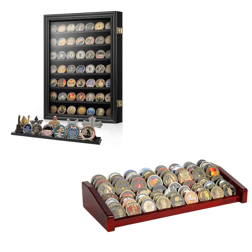DecoWoodo 7 Rows Challenge Coin Display Case & 8 Rows Challenge Coin Display Stand