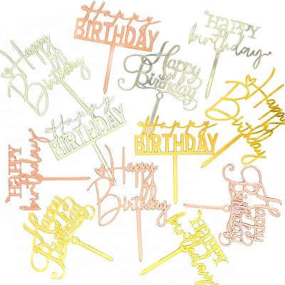 12Pcs Acrylic Happy Birthday Cake Toppers,Gold Double-Sided Cake Topper Cake Decoration for Birthday Party Cake Desserts