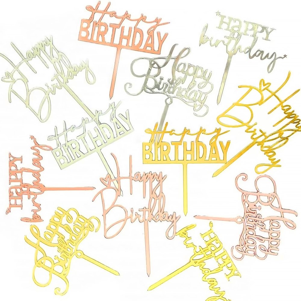 12Pcs Acrylic Happy Birthday Cake Toppers,Gold Double-Sided Cake Topper Cake Decoration for Birthday Party Cake Desserts