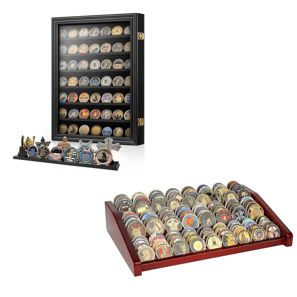 DecoWoodo 7 Rows Challenge Coin Display Case & 12 Rows Challenge Coin Display Stand