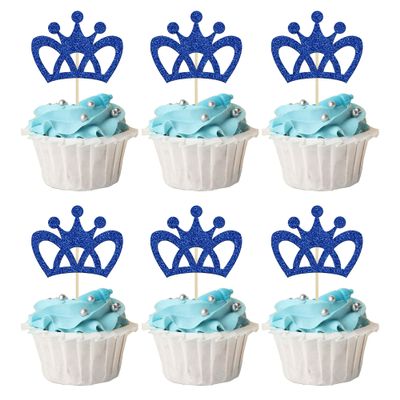 24Pcs Crown Cupcake Toppers Blue Glitter King Crown Cupcake Picks for King Prince Theme Baby Shower boys Wedding Birthday Party Cake Decorations Supplies