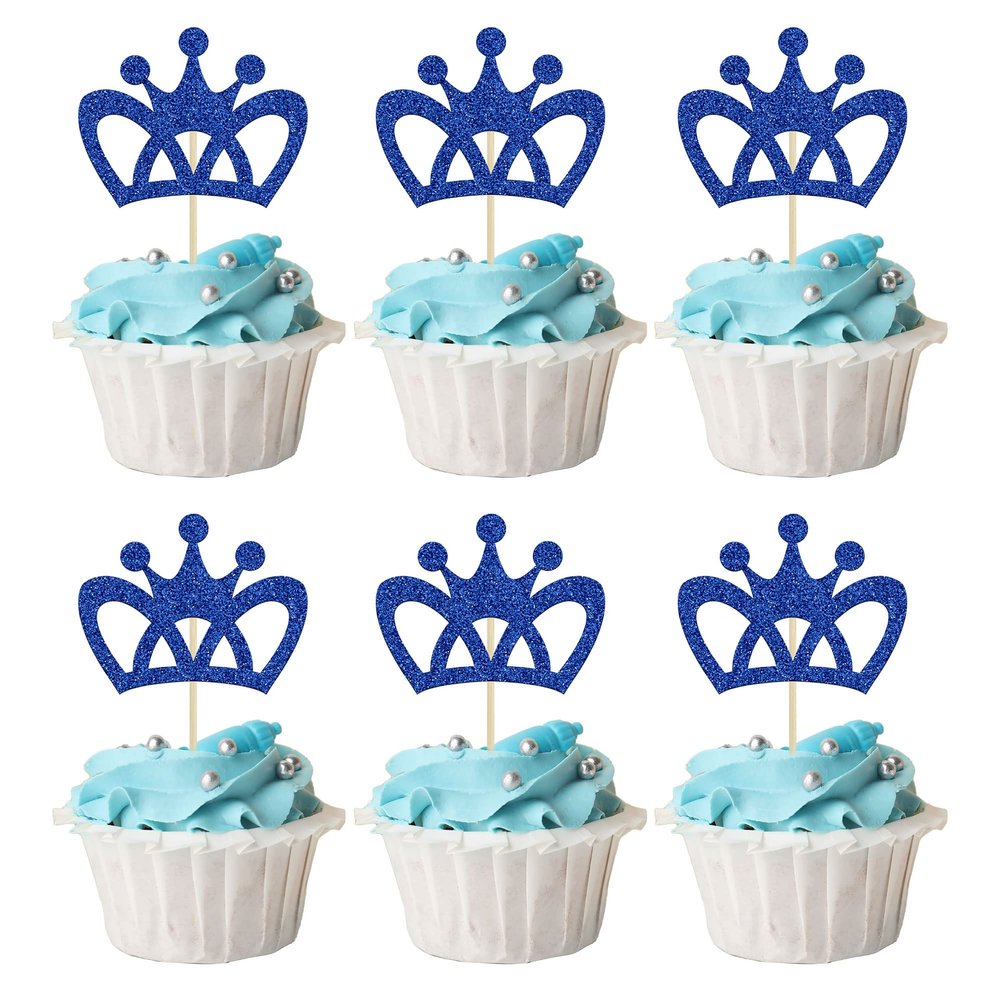 24Pcs Crown Cupcake Toppers Blue Glitter King Crown Cupcake Picks for King Prince Theme Baby Shower boys Wedding Birthday Party Cake Decorations Supplies