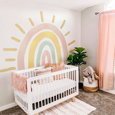 astrkiz Large Fabric Watercolor Boho Half Sun Wall Decals Peel and Stick, Rainbow Wall Murals Stickers, Pastel Sunrise Wall Art Decor for Kids Room Playroom Nursery Bedroom, 94.49" x 62.60"