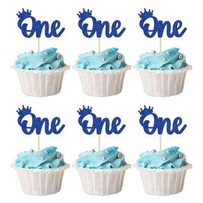 24Pcs Crown Cupcake Toppers Blue Glitter Crown One Cupcake Toppers Prince 1st Birthday Crown Cupcake Decors for Prince Crown Theme Baby Shower Party Decoration Supplies