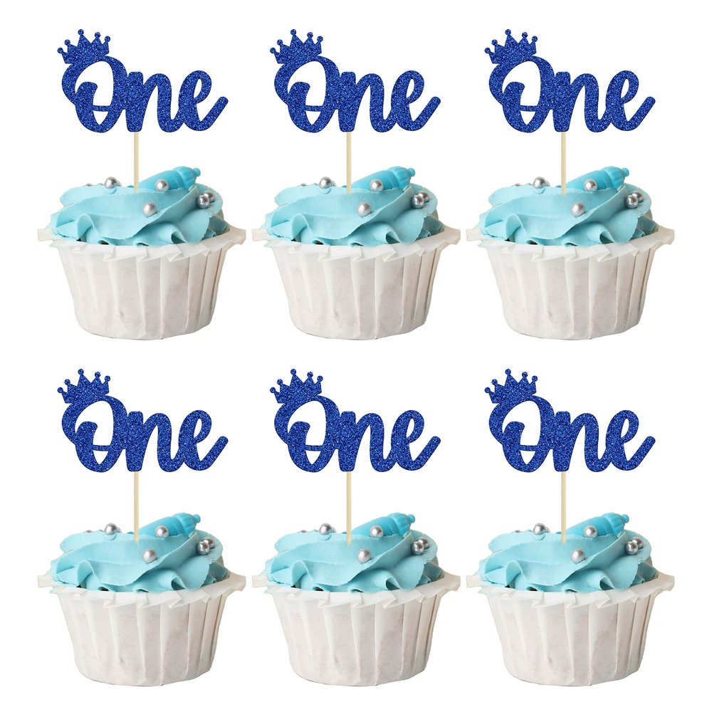 24Pcs Crown Cupcake Toppers Blue Glitter Crown One Cupcake Toppers Prince 1st Birthday Crown Cupcake Decors for Prince Crown Theme Baby Shower Party Decoration Supplies